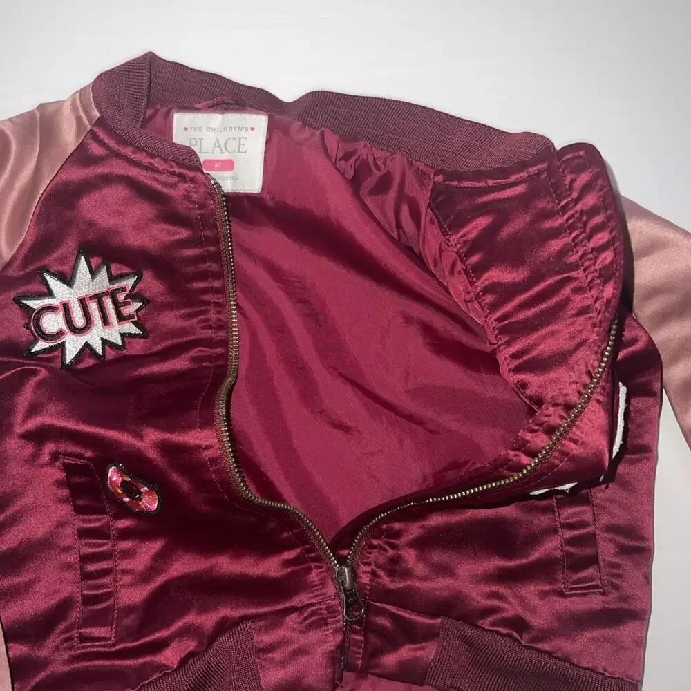 The Children’s Place Girls 4T Satin‎ Varsity Jacket With Patches Red And Pink